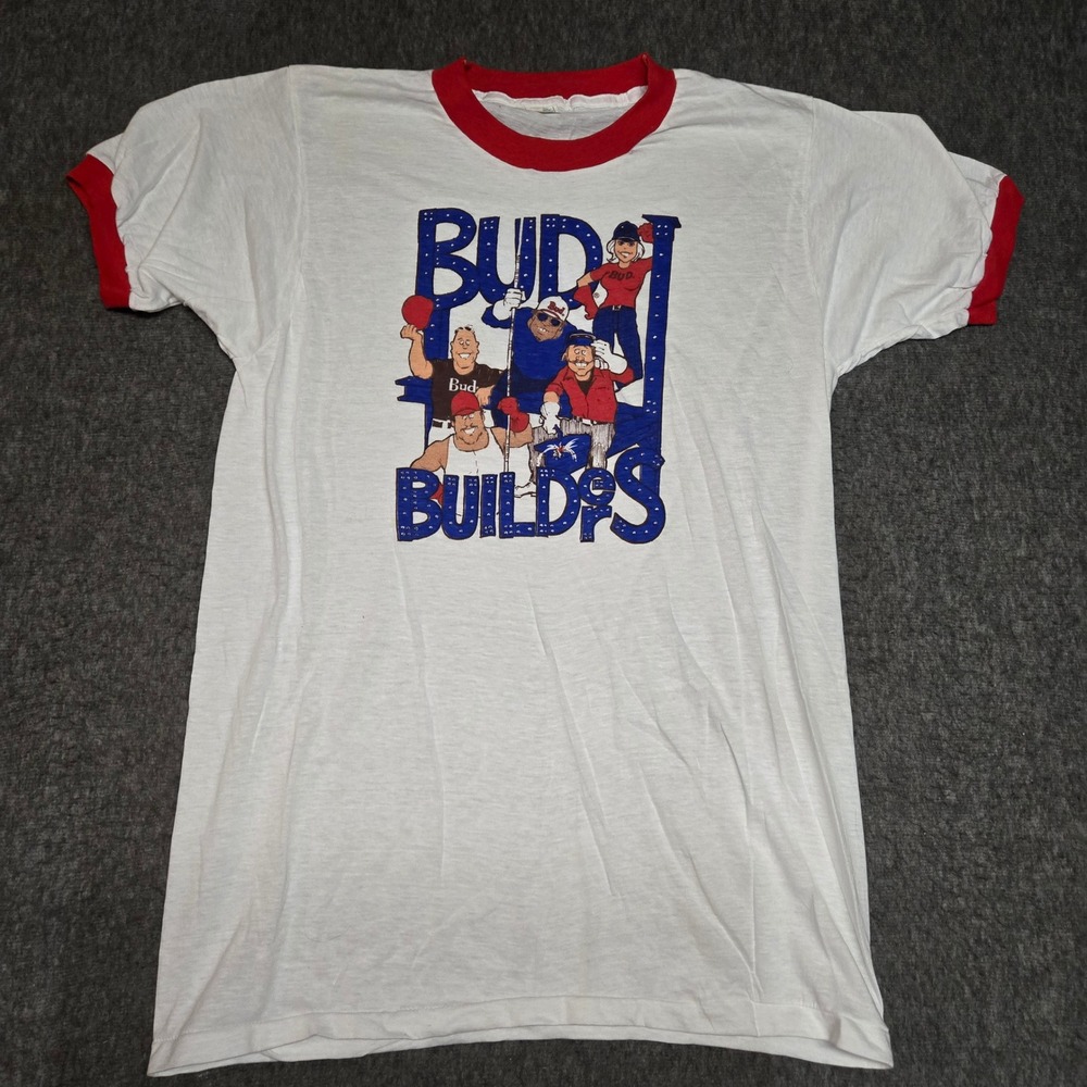 Vintage Budweiser Ringer T-Shirt Men L White Paper Thin Bud Builders Beer USA
